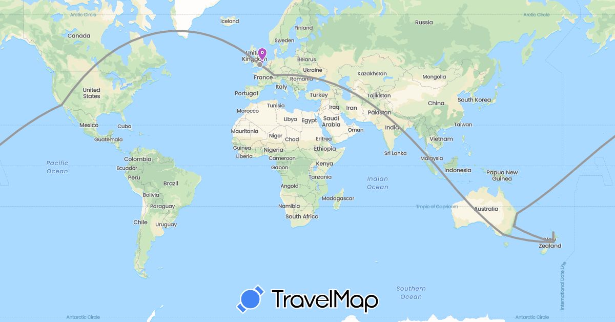 TravelMap itinerary: driving, plane, train in Australia, Switzerland, United Kingdom, New Zealand, Singapore, United States (Asia, Europe, North America, Oceania)