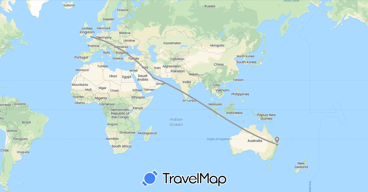 TravelMap itinerary: driving, plane in Australia, United Kingdom, Qatar (Asia, Europe, Oceania)