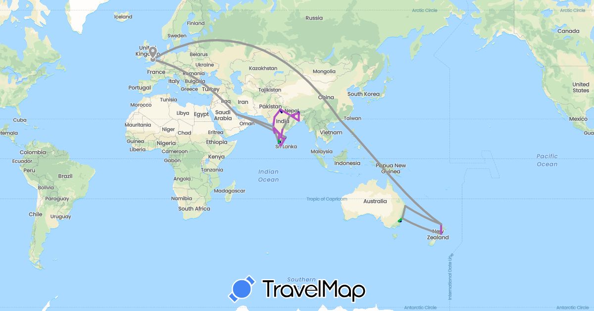 TravelMap itinerary: driving, bus, plane, train in Australia, Bahrain, China, United Kingdom, India, New Zealand (Asia, Europe, Oceania)