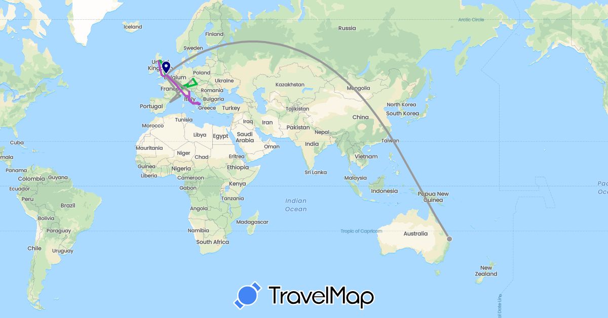 TravelMap itinerary: driving, bus, plane, train in Austria, Australia, Switzerland, Czech Republic, Germany, Spain, France, United Kingdom, Italy (Europe, Oceania)