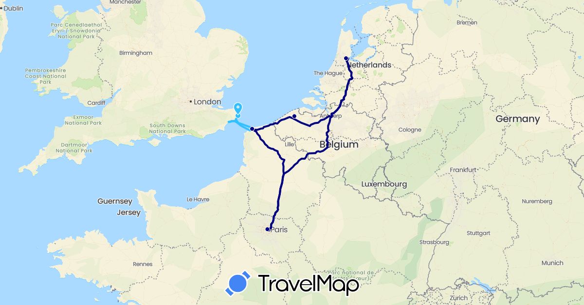 TravelMap itinerary: driving, boat in Belgium, France, United Kingdom, Netherlands (Europe)