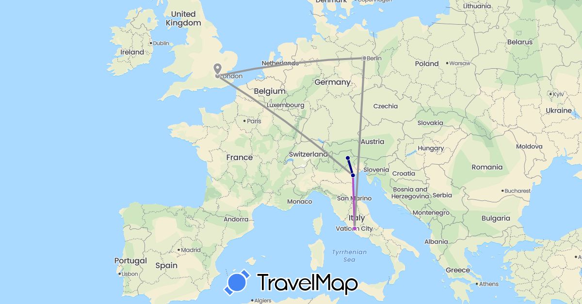 TravelMap itinerary: driving, plane, train in Germany, United Kingdom, Italy (Europe)