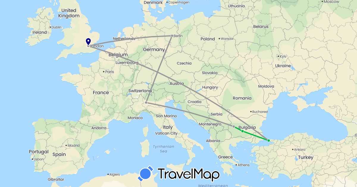 TravelMap itinerary: driving, bus, plane in Bulgaria, Germany, United Kingdom, Italy, Turkey (Asia, Europe)