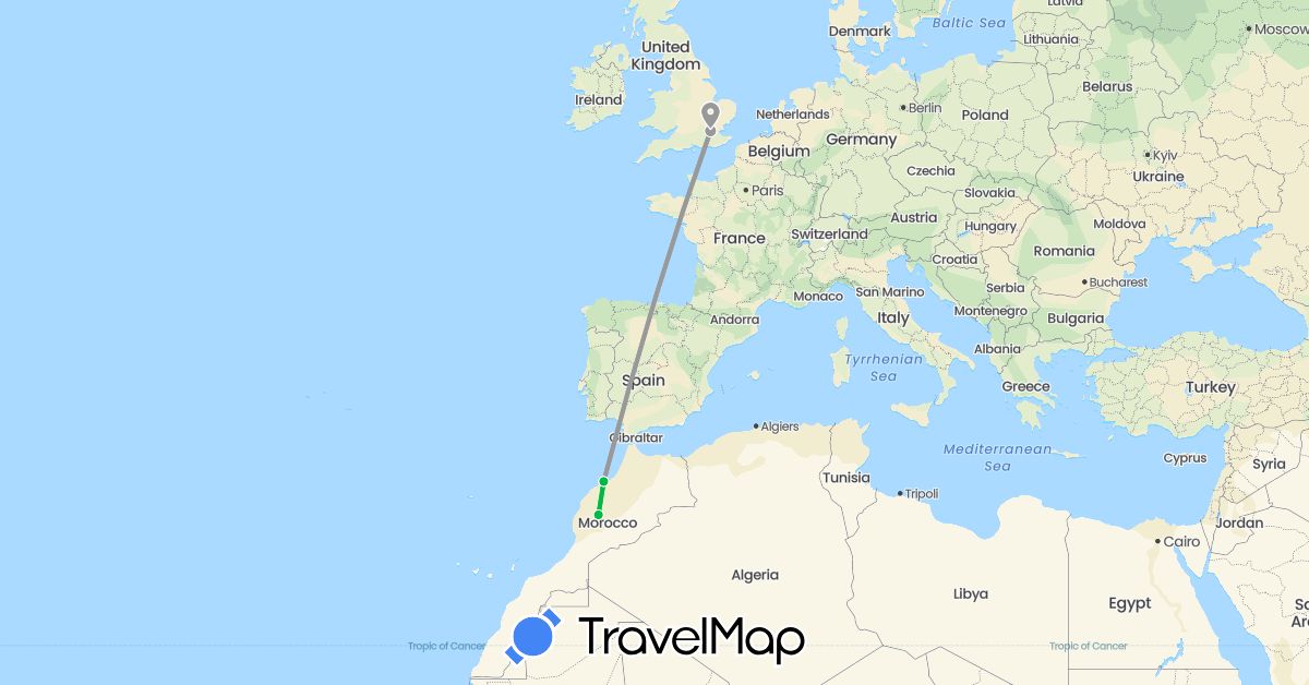 TravelMap itinerary: driving, bus, plane in United Kingdom, Morocco (Africa, Europe)